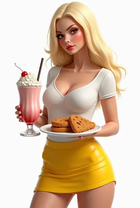 Busty blonde serving food and white milk shake wearing a whitw tight t shirt and yellow mini skirt white background