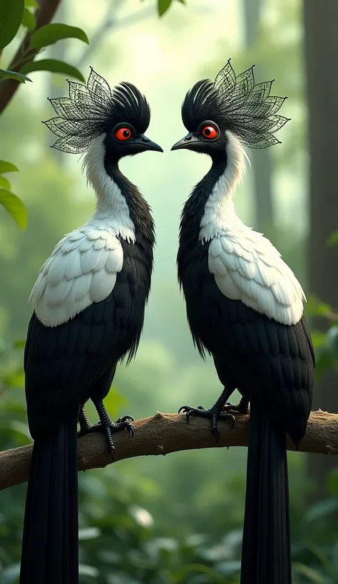 "Create a hyper-realistic depiction of two exotic birds perched on a branch in a lush, green rainforest. The birds should have a striking black and white pattern on their feathers, with long tails and intricate crown-like crests resembling delicate feather...