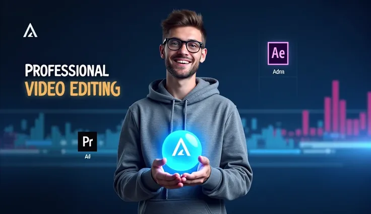 Create an advertisement for professional video editing services. The image should feature the following elements:

A Young Man: He is wearing a grey hoodie and glasses, smiling warmly while holding a glowing sphere containing the logo of a video editing so...