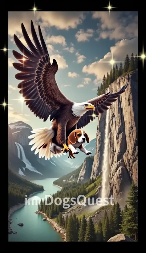 "Create a surreal and adventurous scene featuring a majestic bald eagle soaring high over a breathtaking valley, carrying a small dog (such as a Beagle) gently in its talons. The valley below features cascading waterfalls, dense evergreen forests, and a ca...