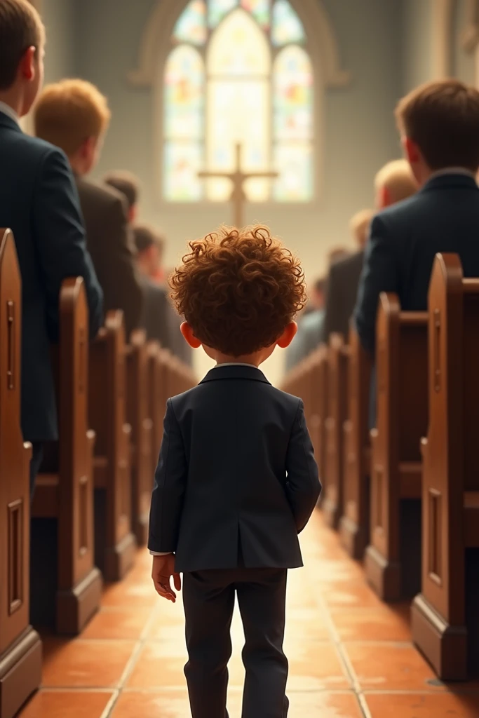 Cena 1:  Curly haired boy wearing hearing aid entering a church - Entering in a suit , looking curious. - Background : full of people and with wooden benches  