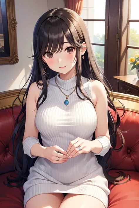 Takane Manaka、  shiny brown long hair、 beautiful brown eyes 、smile、Sparkling Eyes, (fine grain)、 Highly Detailed Eyes、 very detailed face,  Highly Detailed Eyes, masterpiece,  best quality,  high definition , ( best quality,masterpiece:1.2),Alone,Alone、 co...