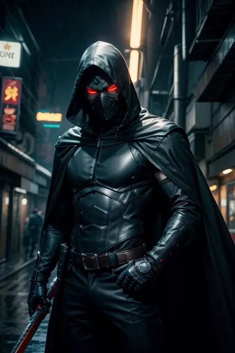 A dark hero wearing a sleek, black, and armored outfit with a mysterious full-face mask. The mask has sharp, angular designs with glowing red or blue eyes, giving it a menacing yet enigmatic look. The hero’s costume features a mix of tactical armor and a l...