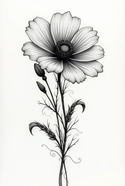 Black and white drawing as if it were a tattoo, of a wild flower melting and sewn with a fine thread 