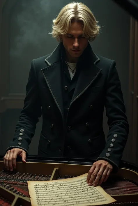 Imagine Victor, a handsome adult man with chin-length, medium-blond hair styled in layered cuts, blending rebellion with refinement. He stands in a dimly lit, Victor’s attire—a sleek, dark coat with subtle silver embroidery—lends him an air of aristocratic...