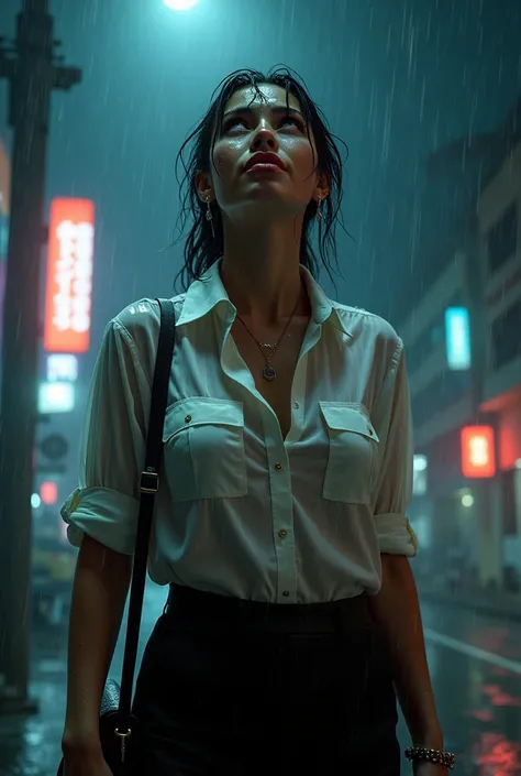 (RAW shooting, Photoreal:1.5, 8K, highest quality, masterpiece, ultra high resolution), perfect dynamic composition:1.2, street corner at night, look up at the sky:1.3, (((Typhoon heavy rain))), Highly detailed skin and facial textures:1.2, Slim office lad...