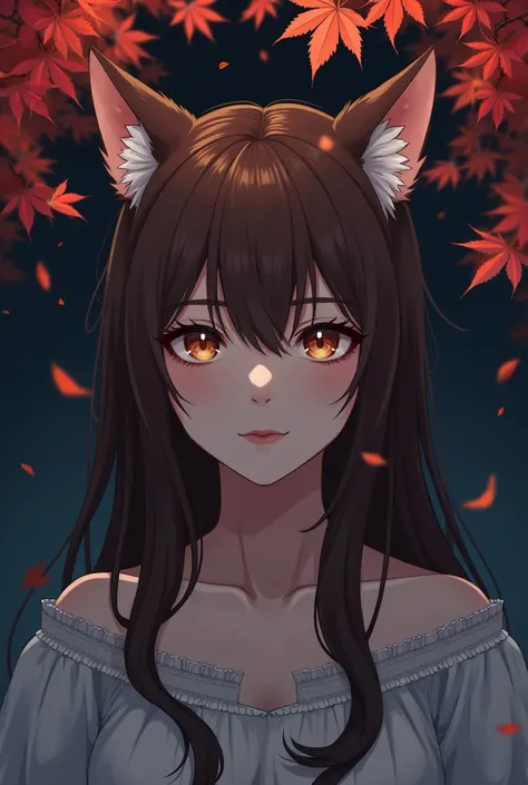  1 high definition , Brown Hair,Wolf、Wolfの耳 ,  Straight face, anime、 are cool、Maple leaves 夜、 girl,  shortcuts, maple