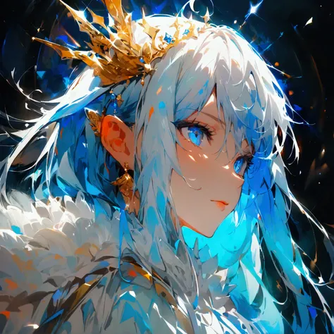  long hair ,  blue eyes,  Hair ornament ,  Hair between eyes ,  closed mouth , hood, Shine, Abstract,  masterpiece,  Best Quality , necessary, Ahoge,  white hair, limelight, 