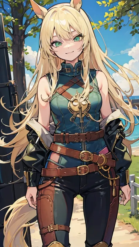 (horse:1.3), pants, Cowboy Shooting, 1 Girl, blond,  long hair,  green eyes ,  unique , Ahog,Central, boots,  Smile, Umbilical cord,belt, Rift, rest, 