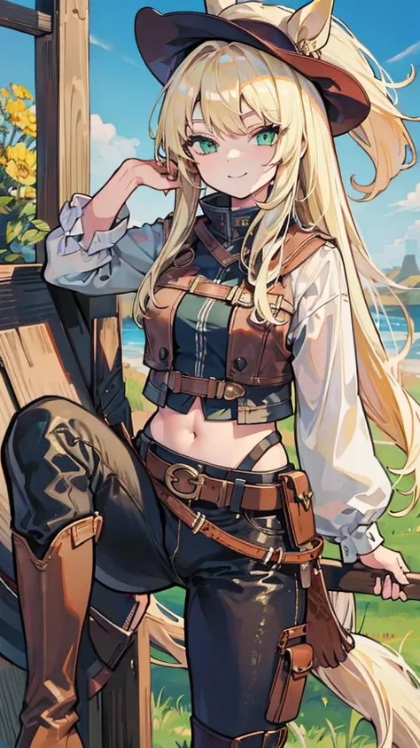 (horse:1.3), pants, Cowboy Shooting, 1 Girl, blond,  long hair,  green eyes ,  unique , Ahog,Central, boots,  Smile, Umbilical cord,belt, Rift, rest, 