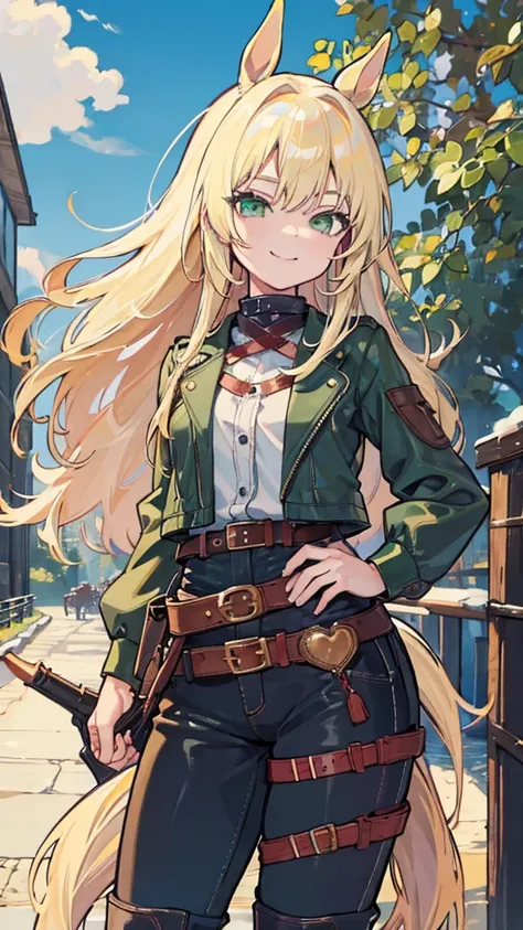 (horse:1.3), pants, Cowboy Shooting, 1 Girl, blond,  long hair,  green eyes ,  unique , Ahog,Central, boots,  Smile, Umbilical cord,belt, Rift, rest, 