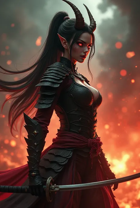 ( best quality,4K,8 k, high resolution ,masterpiece:1.2),  ultra-detailed , ( realistic,photo realistic,photo- realistic:1.37), terrifying demon girl with the appearance of a samurai,  with a beautiful face and a slim body, holds a sword. [demonic], [samur...