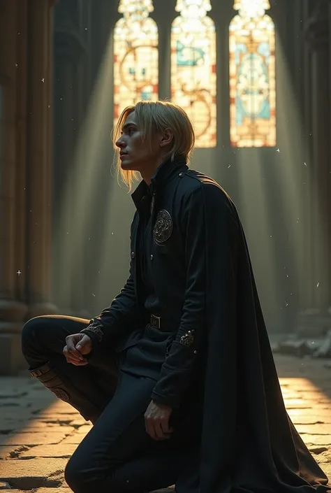 Imagine Victor, a handsome adult man with chin-length, medium-blond hair styled in layered cuts, blending rebellion with weary grace. He kneels within the nave of a dilapidated cathedral, its shattered stained-glass windows casting fractured beams of light...