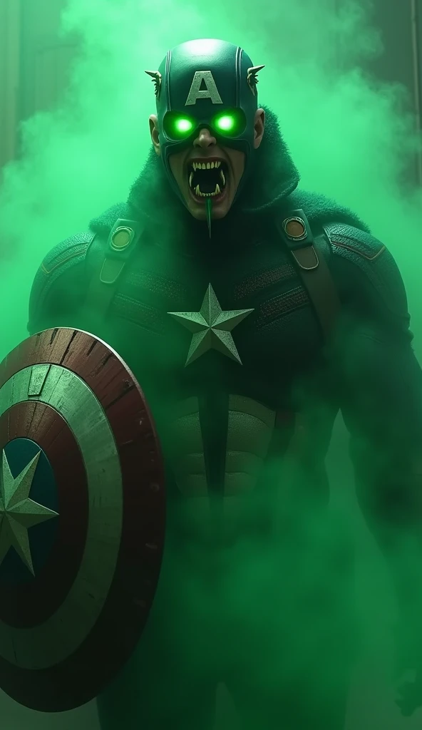 "A fierce Captain America with glowing green eyes and sharp fangs, dripping venom, emerging menacingly from an eerie green mist. His shield reflects faint green light, adding to the ominous aura. Cinematic composition, photorealistic details, intense focus...