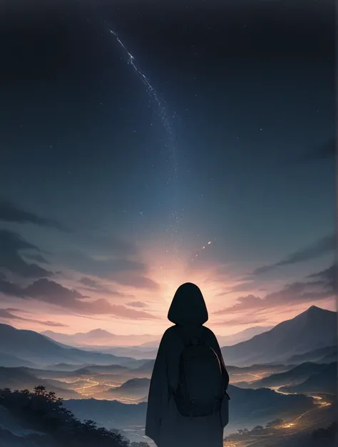 score_9, score_8_up, score_7_up, score_anime, masterpiece, top quality, delicate illustration, sharp lines, sharp focus, BREAK,Traveler man wandering in the endless night world,girl wearing a hood,backpack full of stuff,night Otherworldly, Fantastic scener...