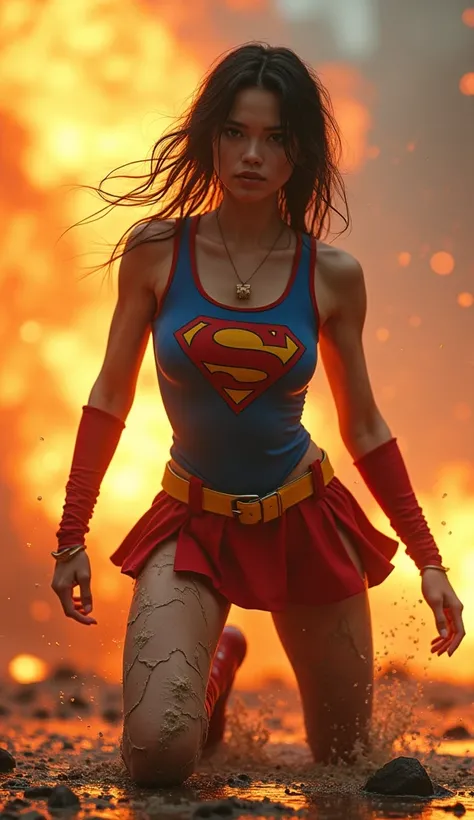 Cute Japanese、  supergirl 。  the torso is tightly tightened with iron chains 、live-action 、( supergirl submerged in a pool of lava )、 review、masterpiece、beautiful girls、beautiful Eyes、Narrow eyes、   目が    is exploding    、A Shining Place、最       High Quali...