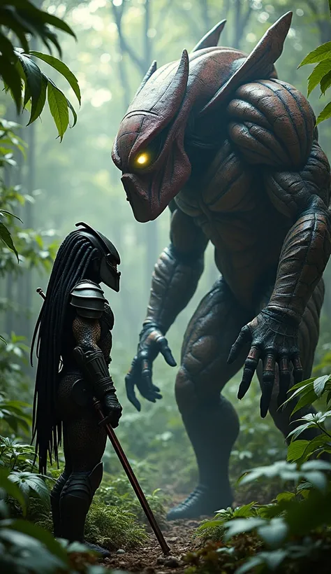 In the dense jungle, the Predator stood face to face with a towering spider-man hybrid. The Predators cloaking device flickered as it scanned the creature with its glowing visor, while the spider-mans eight eyes glinted with menace. Tension filled the air,...