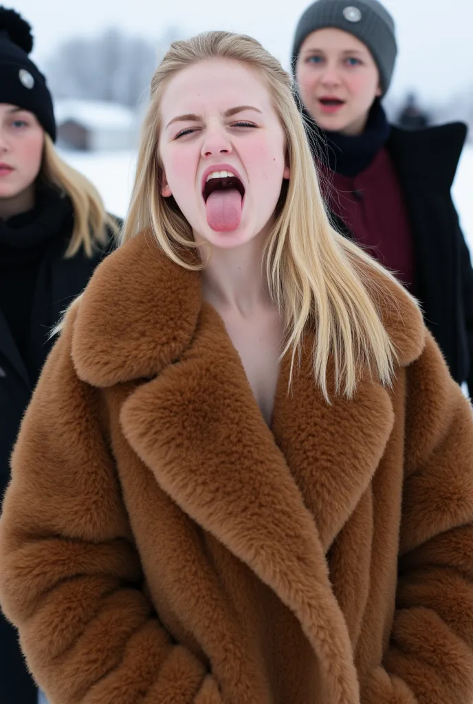 is wearing a fluffy fur coat、fair-skinned、russian girls 。blonde、winter、 brown fur、 voluminous fur 。(((sexy breasts、armpits)))3 p...