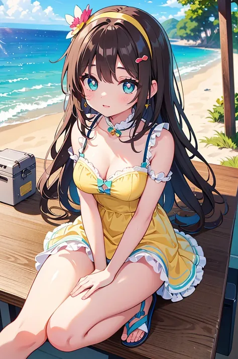 A beautiful girl sitting on a wooden table on the beach, anime girl, with a bouquet of flowers in her hand, under a tree, floral yellow summer dress with detailed ruffles, no sleeve, detailed lace, (spread your legs, white panties), sandals, big rounds bre...