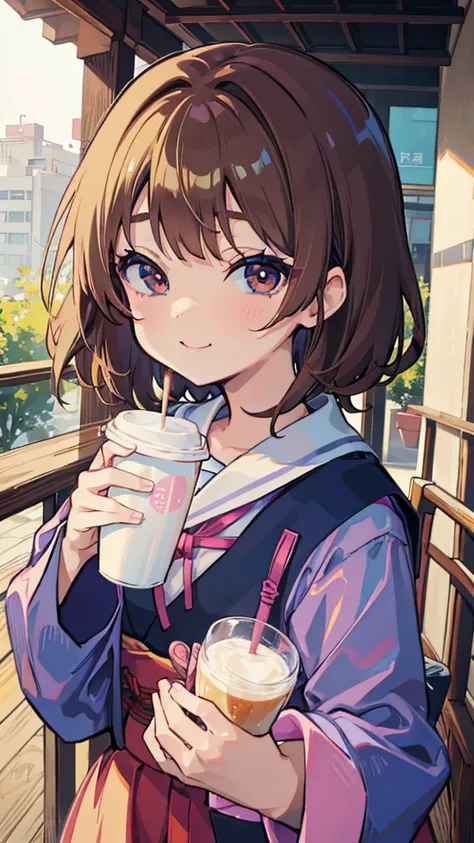 A young girl is holding a cup of coffee in her hand,  girl cute-face , Cute natural anime face, 带可爱 - 精致 - 的脸, sakimi-chan, Chiho, Yoshitomo Nara, Young and cute face, Pretty Japanese girl face , brown hair and large eyes, cute kawaii girl,  Beautiful, bri...