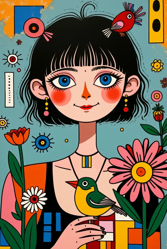 close-up of a young girl holding a bird and flowers, dollpunk, industrialpunk papier - colle, decopunk, postpunk, sailpunk, ange...