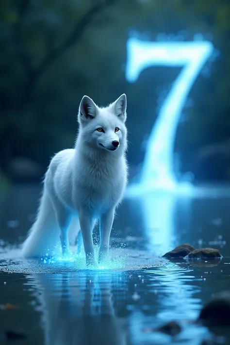 A magical ,  white fox stands in a small stream .  The water glows bluish with every step ,  that the fox places in the water .  In the background you can see the number 7 surrounded by a blue halo. 