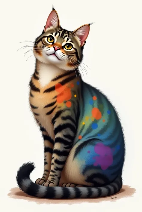 Realistic tabby cat with colorful watercolor spots on the sides 