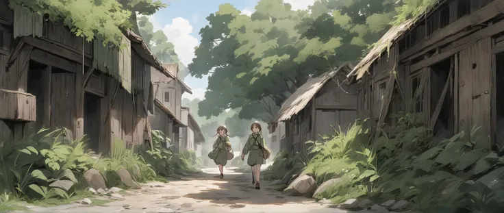 A girl walking through a ruined world　nature　green　town