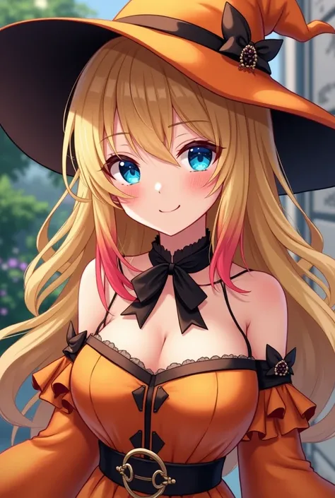  18 year old girl blushed and with a smile , golden blonde hair ,  tits with red touches like Ruby on the ends of her hair ,  golden witchs hat ,  touches red and blue dots that match her eyes that are bright blue,  the witch costume is orange with black ,...