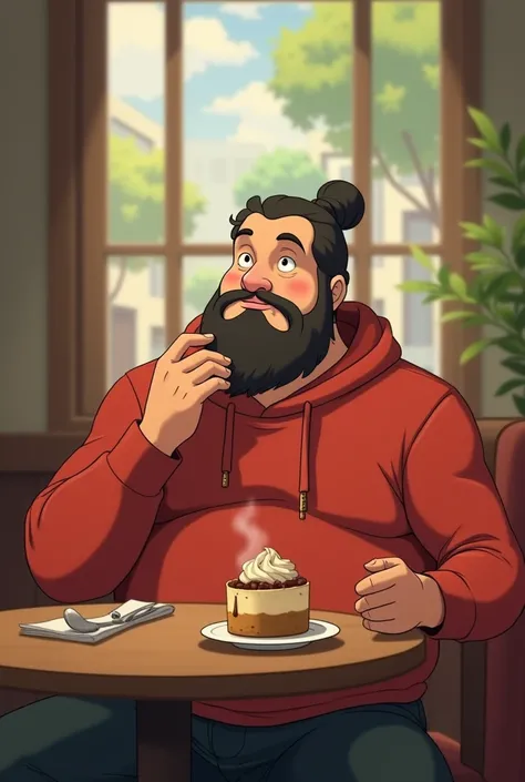 Ghibli design, 65 yo roliço rechonchudo Coxas extremamente grossa, man, long hair, man bun, faint beard, mature look, brown eyes, blurry background, wearing red hoodie, staring at the sky, ele está sentado dentro de um café elegante experimentando um delic...