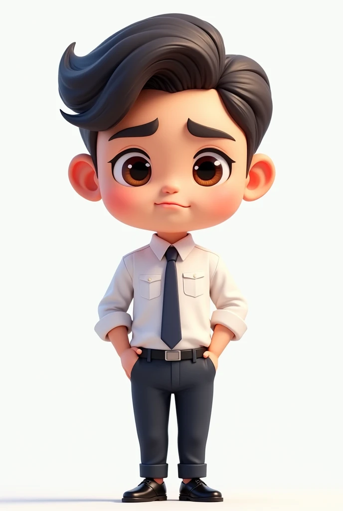 Create a chibi-style male character named "Thầy Bút Chì." The character has a neat side-part hairstyle and a serious expression. He is dressed in a white dress shirt paired with a tie, formal trousers, and black shoes. Ensure the character embodies a pr...