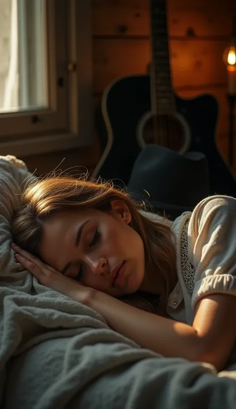 
Still shot, ambient night light, focus photo of woman sleeping, country, in background even when I dream of you The sweetest dream would never do, a black accoustic guitar and black cowboy hat, fashion style, smoky ambiance
