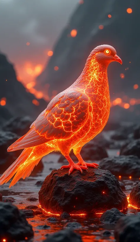 Prompt: Create a dangerous hybrid creature that combines a pigeon and molten lava. The entire body of the pigeon is formed from glowing, molten lava, with cracks radiating intense heat and bright orange and red magma. Lava continuously flows from the pigeo...