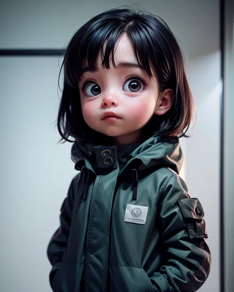 Baby,,small_girl,Pixar style,absurdres, Cinematic lighting , glancing at the observer ,Elegant minimalist photography,down_jacket,