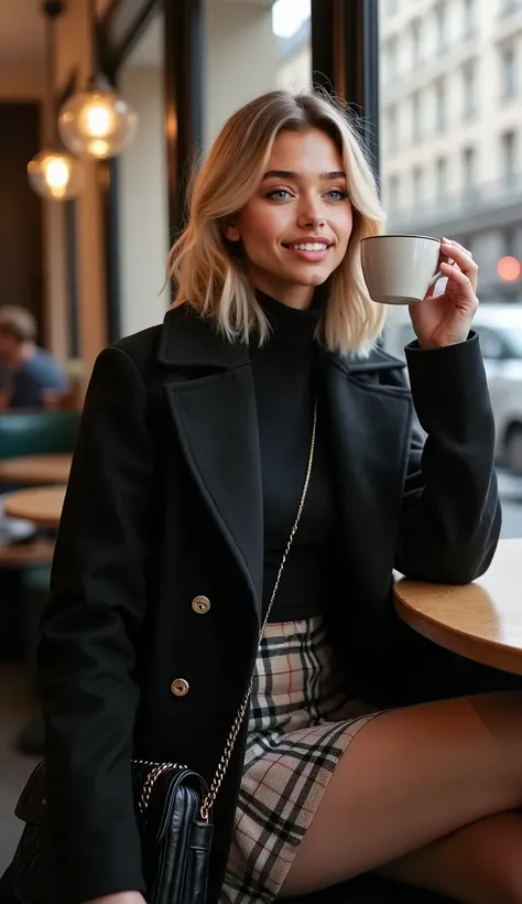  (((Over-the-shoulder shot))), Beautiful (((Latina))) girl named Luna, little long length blond hair, bob cut hairstyle, 20 years old, light tanned, light blue eyes, smiling, wearing long double-breasted black wool coat over a black turtleneck and a short ...