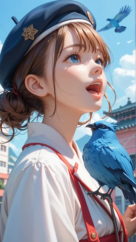  high definition ,  is anatomically correct, quality,  high detail,  high definition model, high quality,  textured skin ,  smiles,  close your mouth,  open your mouth slightly, Overlooking, Beret,  Illustration , anime, Japanese illustration style, Haruka...