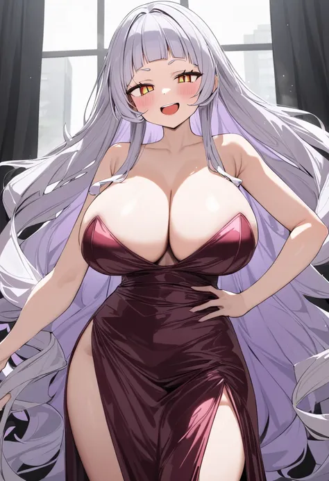 ( best quality, 8k, masterpiece),　 girl、young、Idol、1 person、 murasaki shion, 、 hololive ,Silver Hair  , Big Breasts ,smile、 like heaven、 red cheeks 、Tanimachis emphasis 、A rich variety of skin tones  , ( High Slit Dress ,  party dress  ,  sleeveless :1.2) ...