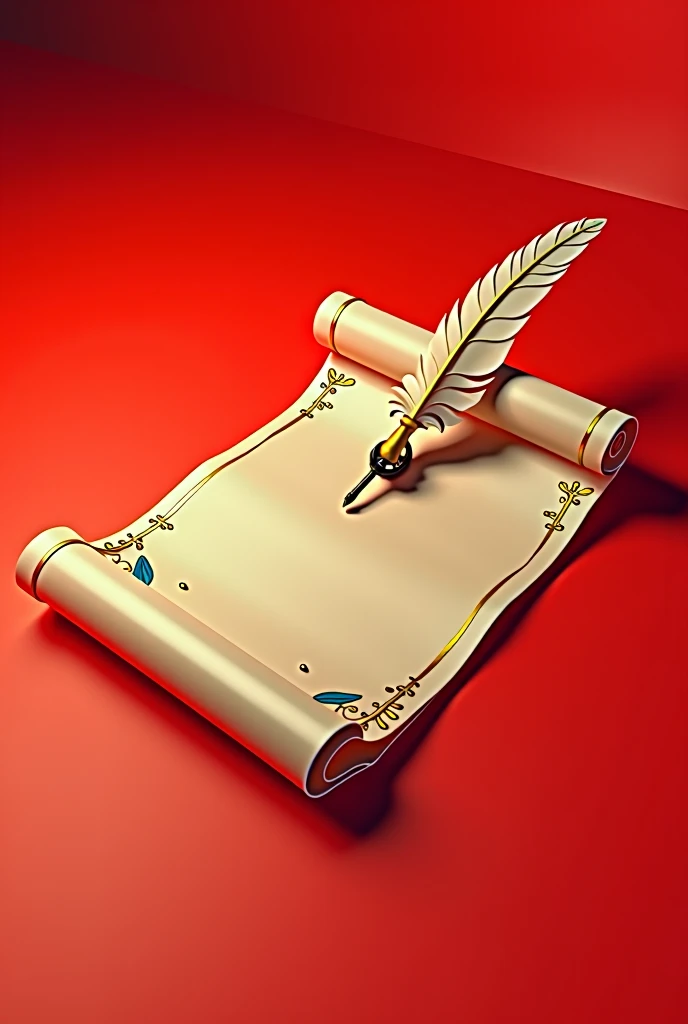 /imagine This is a stylized image of a scroll with elegant curves and a quill pen resting on it, set against a bold red background. Here’s a prompt based on this image: "Create a 3D digital artwork of a vintage scroll with intricate rolled edges and a deta...