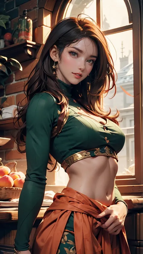 Vintage style fantasy, masterpiece, Great art, Highest quality, One girl, Close-up Girl Nordic Princess, Scandinavian Mountains々, Winter Weather, Symmetrical and highly detailed face, Peach silky silky skin, Vivid and aggressive green eyes, red, messy hair...