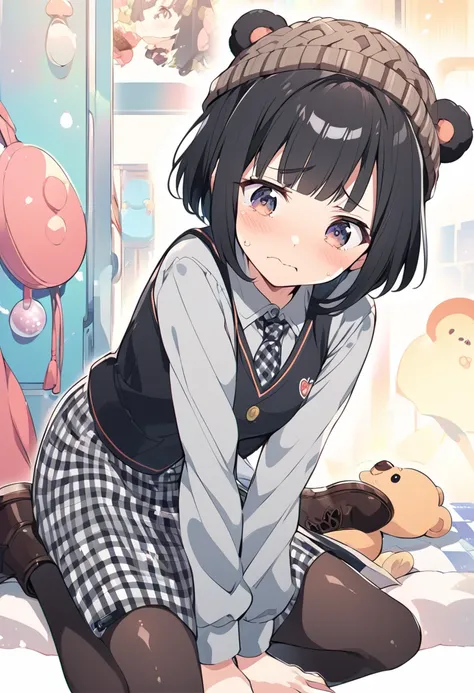 hyper cute anime style illustration, one girl, black-hair, short-bowlcut-hair, petite girl, gray-shirt, tie, vest, Gingham-patterned skirt, shiny black pantyhose, 
bear-ears knit cap, shy, wavy mouth,