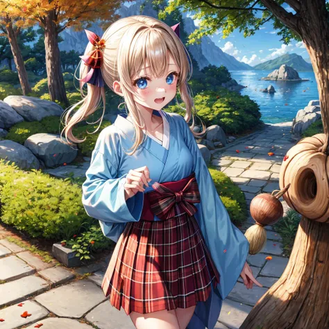 Chestnut Hair、 blue eyes、 with hair tied 、Two cute、 plaid mini skirt 、 BLACK T-SHIRT、 Long Sleeve 、 kimono、 striped high socks、Teeth are visible、lawn、The stone is cracked、Uneven ground、The road is curved、Large autumn tree、Mountain々、isolated island、iridesce...