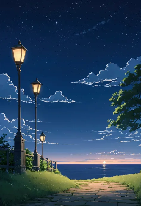 (Minimalism: 1.4), draw simple Ghibli-style art: a lamp post, a calm and serene night sky, micro-detailed lighting, a serene purple-gray sky! hypermicrodetail!!! professional anime!!! microdetail lighting!! !!studio ghibli, miyazaki, Makoto Shinkai!!, anim...