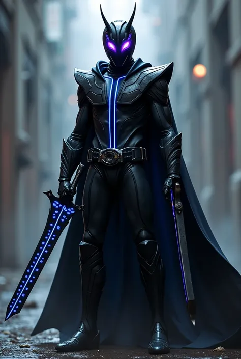 Kamen rider with black suit and has blue mark stripe and purple eyes and 
Has 2 black and blue stripe sword