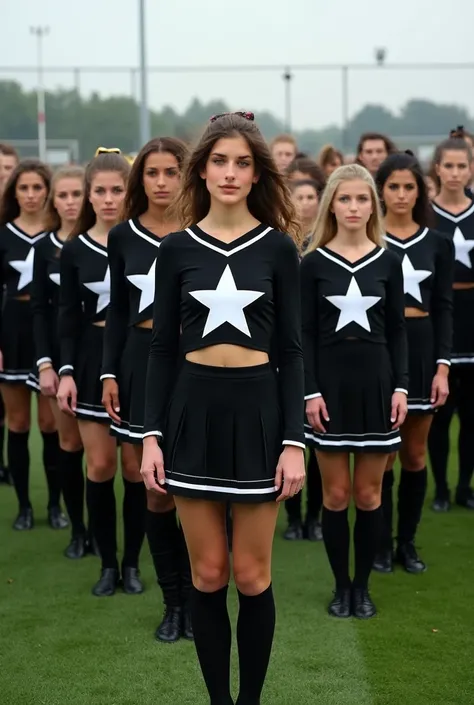    Create a group of 100 cheerleaders dressed in black with a white star in the center,    short black skirt with white trim and black socks   . all together  ,   Posing for a commemorative photograph  .  gathered in the center of the soccer field   .