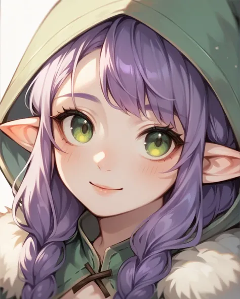 a result_9, a result_8_higher, a result_7_higher, cute_pattern, close-higher, Portrait, dwarf, pointy ears, purple hair, long hair, Green eyes, A blouse with a white hood ,  one girl, Alone,  looks at the viewer 