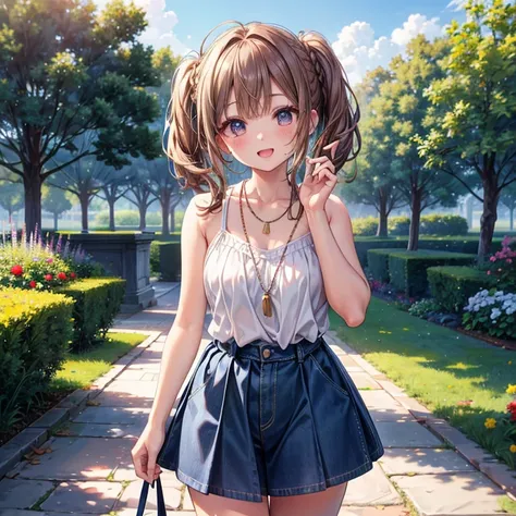 (( best quality)), ((masterpiece)), (  Details), ( ultra high resolution)、 cute girl、 very young 、solo、
(Brown Hair、 low twin tail )、Thin chest、
 perfect face、超 Detailsな肌、(Accurate Fingers、Accurate hands)、 perfect body for a lawn、
(Big Tank Top、 denim skir...