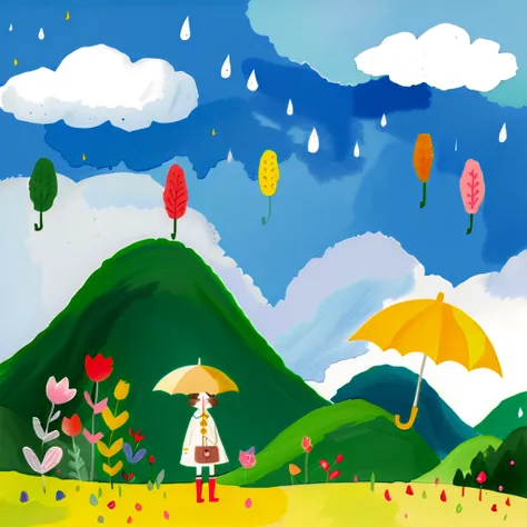 1, Illustrations inspired by Saul Steinberg, by Taku Furukawa art, Like a s drawing, Line drawing, Simple art style. Colorful rain is falling, A  wearing a yellow raincoat and holding an umbrella walking in the rain, Yellow rain boots, Under the Rain, pudd...