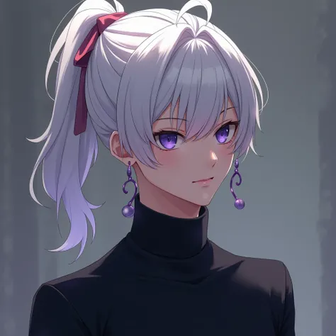 anime boy, tan skin, white ponytail hair, purple eye, purple earrings, Black turtle neck, 