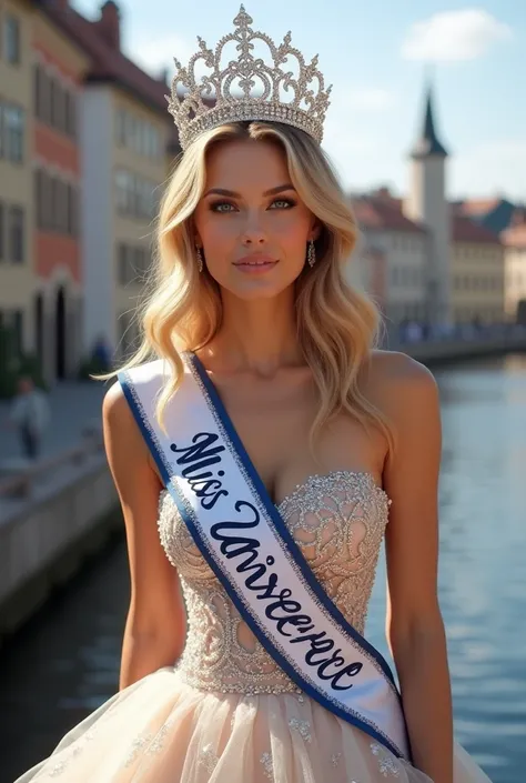 Miss Universe Åland Islands at the Ellen Show, Photoshoot, Wearing Sparkling Crown, Wearing "Miss Universe" Sash, Wearing Fancy Gown Realistic, Ultra HD, Highlt Detailed, Detailed Face, Detailed Hair, Detailed Skin, Åland Islands City Scenery Background, B...