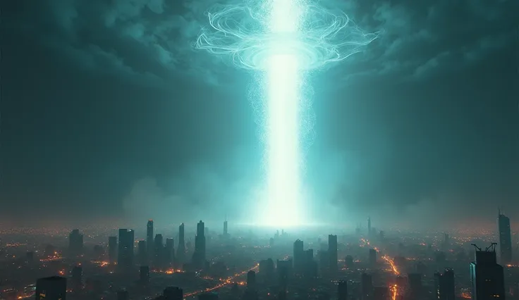 A beam of energy descending from the sky to a tower, illuminating an entire city below it .
Style: epic science fiction.

